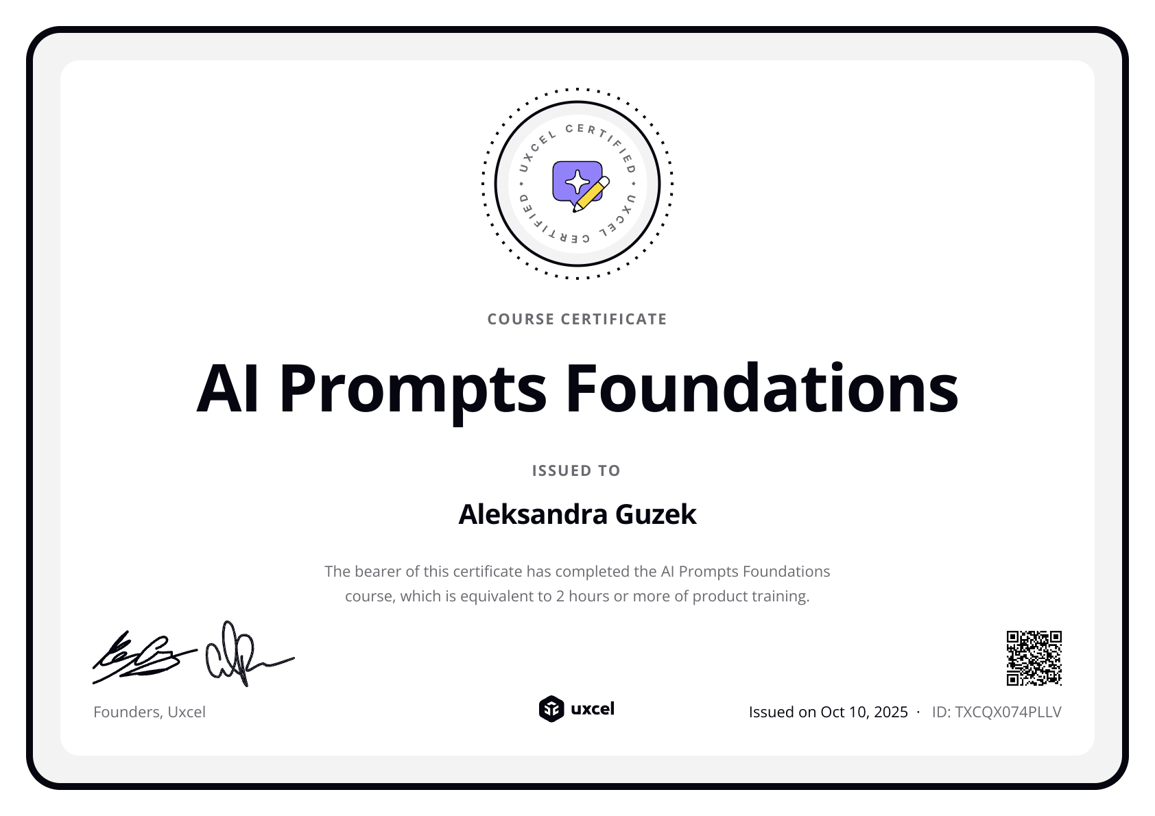Aleksandra Guzek's certificate